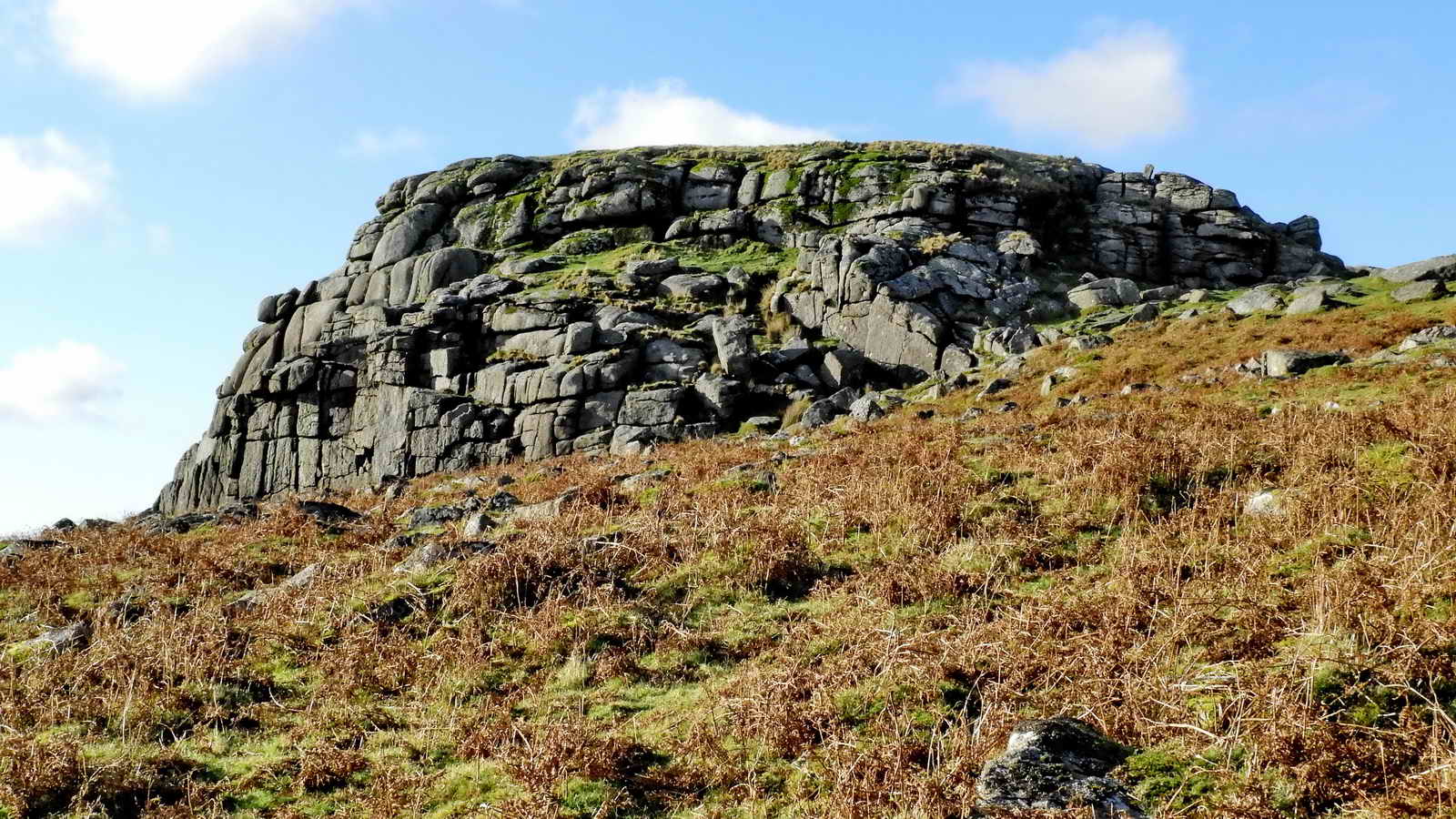 A view of the main rocky boss of Sheeps Tor where climbers use the vertical face for practice