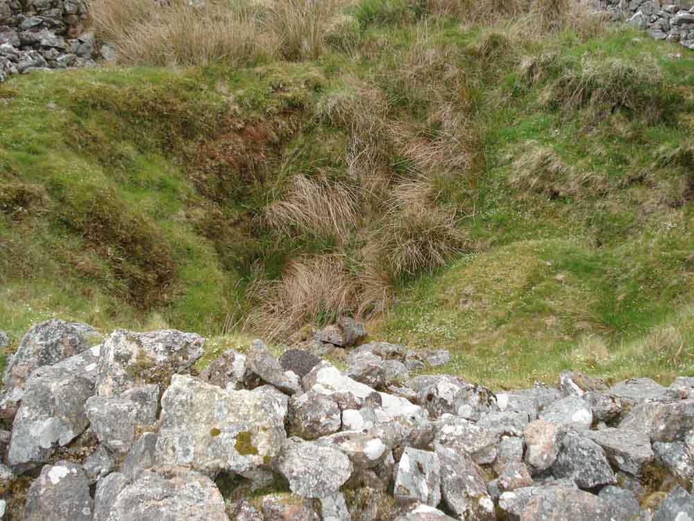 A shallower or partially filled shaft surrounded by a stone wall