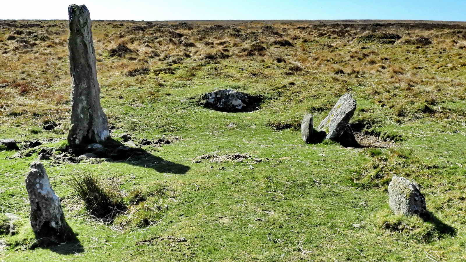 The ruined cairn at the south-west end of the double stone row on Hurston Ridge