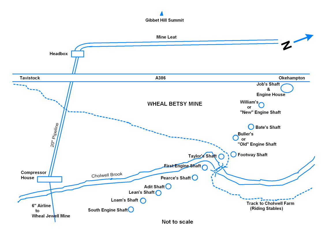 Sketch map of Wheal Betsy Mine, redrawn from the British Mining Journal